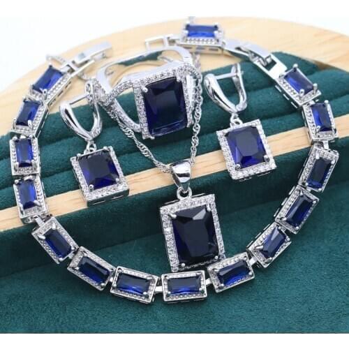 Geometric Blue Crysta 925 Sterling Silver Jewelry Set for Women Wedding Bracelet Earrings Necklace Ring Christmas Free Gift Box