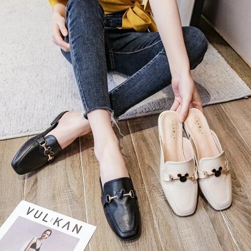 Leather Mules Women Shoes Low Heels Slippers Square Toe Slides Metal Decoration Sandals Shallow Loafers Big Sized Black Apricot