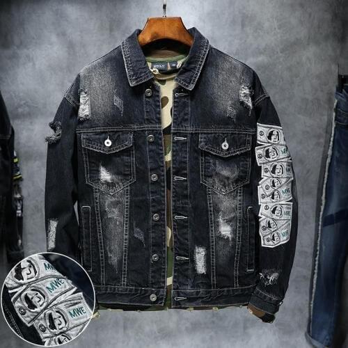 Denim Jacket Men Spring Vintage Hole Embroidered Fashion Mens Cowboy Coat Hip-Hop Tide Brand Streetwear