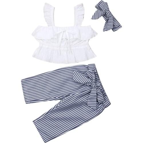 Citgeett Summer Toddler Kid Baby Girl Clothes Vest Crop White Tops+Stripe Pants 3PCS Outfit Set