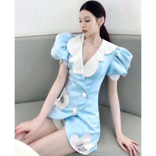 New Summer Vintage Women Fashion Diamonds Puff Sleeve Blue Mini Dress For Female Ddxgz2 5.29