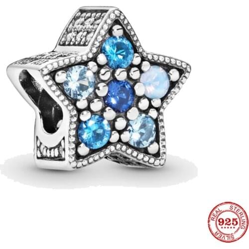 New 925 Sterling Silver Bead Sparking Blue Star Charm Fit Original Pandora Bracelet DIY Jewelry For Women Wholesale