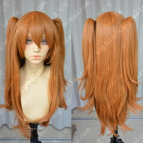 Anime EVA Asuka Langley Soryu Cosplay Wigs Long Orange With 2 Ponytail Clips Heat Resistant Synthetic Hair Wig + Wig Cap