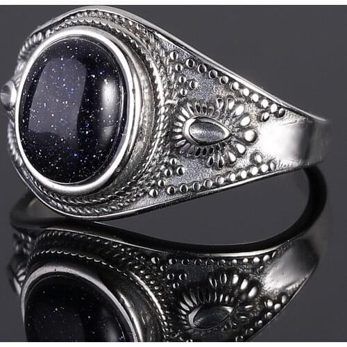 925 Sterling Silver Ring Retro Oval Ring For Women Natural Blue Sandstone 8x10MM Fine Jewelry Wholesale Party Wedding Gift