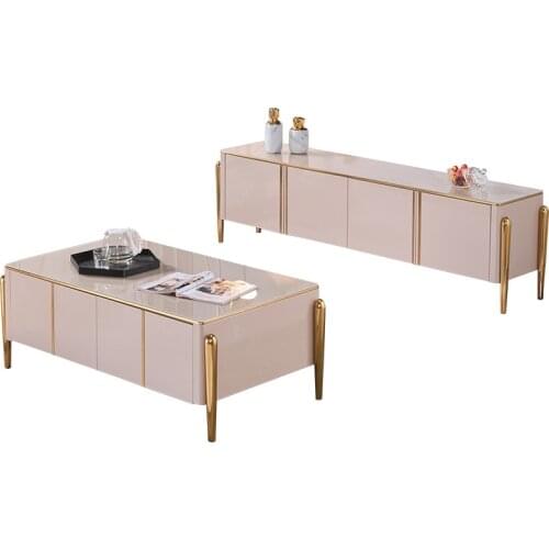 Hong Kong Style Light luxury postmodern simple stainless steel long square tea table TV cabinet combined furniture