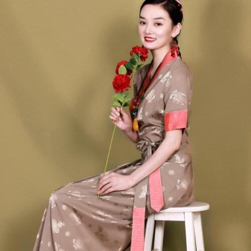 Traditional tibetan clothing oriental summer dress Vintage moden long qipao women elegant short sleeve cheongsam