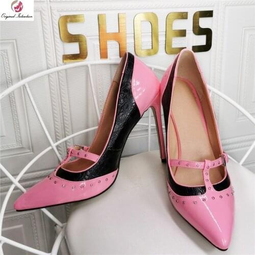 Elegant Pointed Toe Shallow Women Pumps Red White Mixed Colors Metal Decoration Ladies Shoes Woman Sexy Thin High Heels Sandals