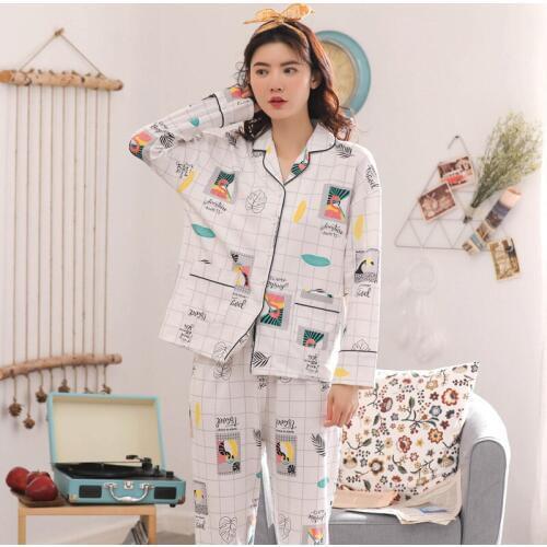 Women 2019 autumn and winter new cotton ladies long sleeve pants cardigan wearable Korean student women pajama sets pajama set