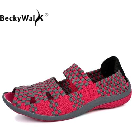 BeckyWalk Summer Women Flat Sandals Shoes Women Handmade Woven Peep Toe Flats Shoes Cutouts Ladies Beach Shoes flip-flop WSH2910
