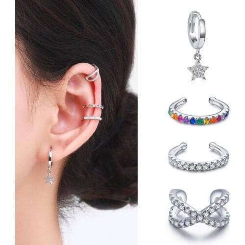 Modian 1 PCS Ear Cuff Real 925 Sterling Silver Rainbow Zirconia Elegant Fashion Clip Earrings For Women Statement Jewelry Gifts