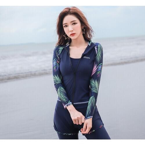 Women 5 Piece Blue Long Sleeve Zip Surf Rashguard Swimsuit Bathing Suits Activewear Fitness Suits Workout Tracksuits Slimming