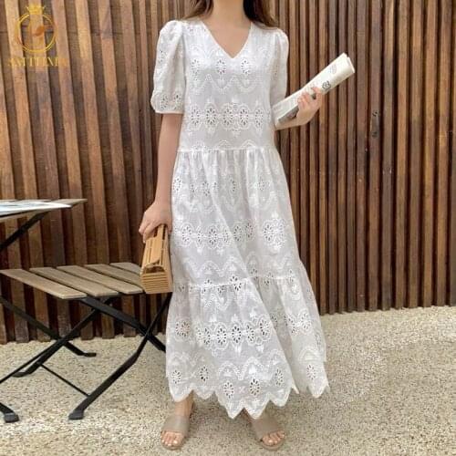 New Fashion Korea Chic Temperament Elegant Loose Embroidered Lace Hollow Out Dresses Womens Sexy V-Neck Puff Sleeve Vestidos