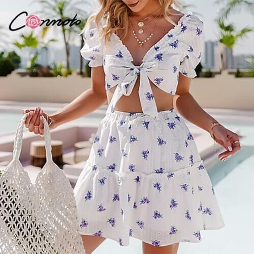 Conmoto White floral print two-piece women mini dress Holiday style V-neck puff sleeve ruffle short sets Summer top skirt suit