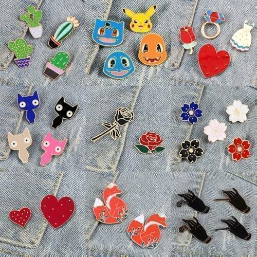 2-5Pcs Animal Flower Brooches Heart Rose Cat Potted Plant Enamel Pins Denim Bag Lapel Pin Badge Fashion Jewelry Gift For Friends