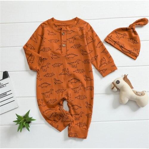 2Pcs Baby Boys Girls Casual Cute Autumn Jumpsuit with Hat,Newborn Cartoon Dinosaur Printing Long Sleeve Long Pants,0-24Months