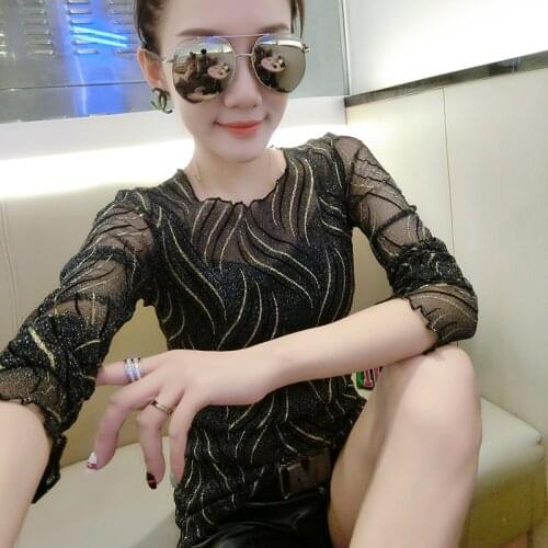 #5609 Casual Basic See Through Mesh T Shirt Women Slimm Tight T Shirt For Girl Casual Tight T-shirt Femme Sexy Korean Fashion