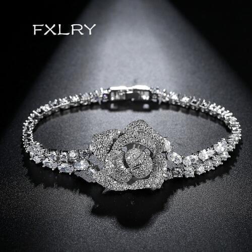 FXLRY Romantic Jewelry White Color Cubic Zircon Geometric Flowers Shape Bracelets Wedding Bride For Women ACCESSORY