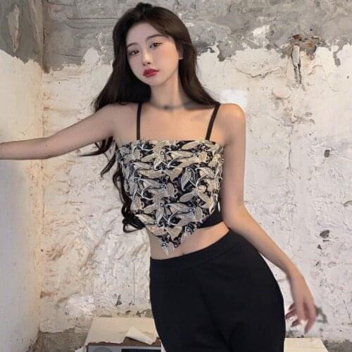 Womens Print Irregular Slim Sexy Backless Exposure Navel Fake Two Pieces Camisole Crop Top Tops