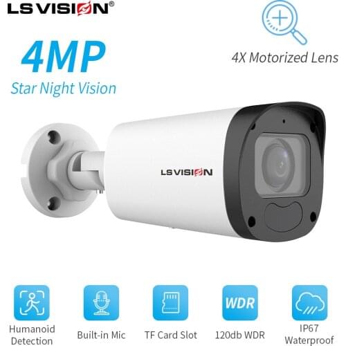 LSVISION 4MP Starlight POE IP Camera Outdoor 2.8-12mm Motorized Zoom Lens Full Color Night Vision Bullet CCTV Security Camera