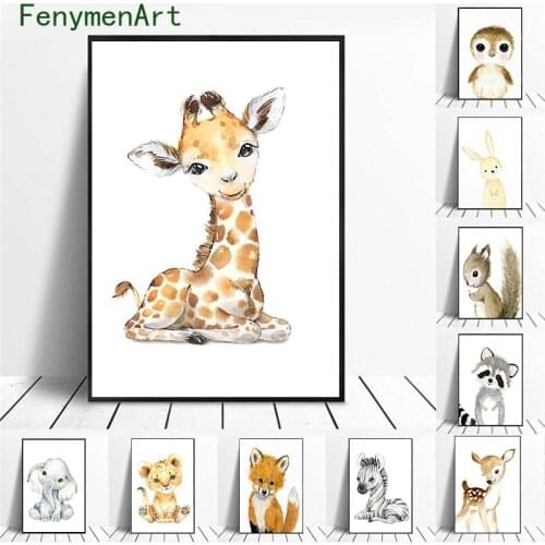 Cartoon Animal Print Canvas Painting Cute Zebra Giraffe Lion Elephant Poster Nursery Picture Children Room Wall Art Decoration