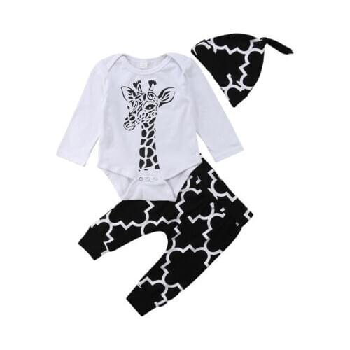 Newborn Kid Baby Boy 3pcs Clothes giraffe Jumpsuit Romper Pants Hat Outfits Set