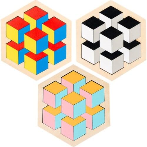 Colorful 3D Puzzle Wooden Tangram Math Toy Three-dimensional Jigsaw Child Magination Intellectual Early Educational Toy for Kids