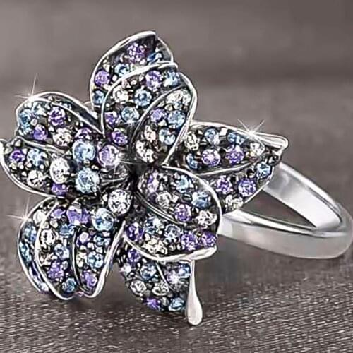 Creative Jewelry Temperament Fashion Mixed Color Crystal Flower Gorgeous Palace Style Ring Whole Sale Rings Size 6-10