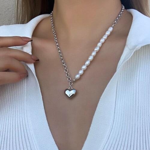 Lifefontier Natural Freshwater Pearl Necklace Heart Pendant Choker Gold Silver Color Metal Chain Necklaces for Women Jewelry