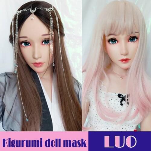 Luo)Female Sweet Girl Resin Half Head Kigurumi Mask With BJD Eyes Cosplay Japanese Anime Role Lolita Mask Crossdress Doll