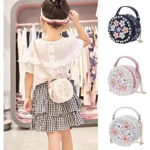Flower Pearl Cute Shoulder Bags Children PU Leather Messenger Bag Girls Crossbody Bag Kids Small Round Satchel Handbags