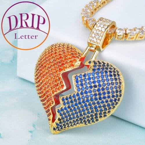 Broken Heart Pendant Cubic Zircon Mens Gold Color Plated Hip Hop Jewelry