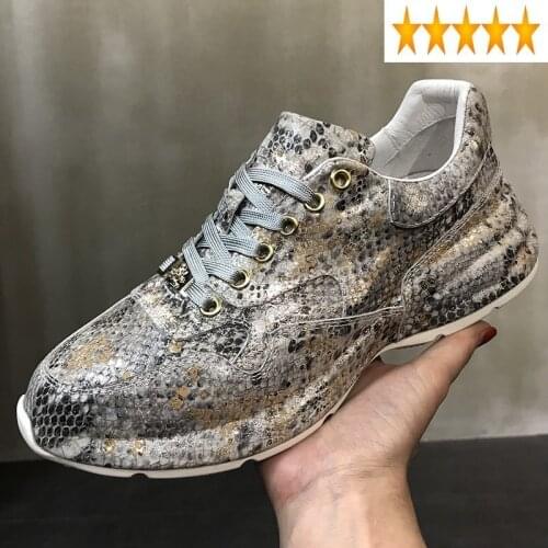 Sneakers Print Designer Men Snake Street Lace Up Casual Platform Luxury 100% Real Leather Trainers Shoes Zapatillas Hombre