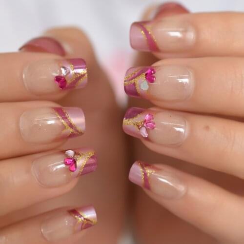 Square Clear Press On Nails French Tips Kit Medium Natural False Nails Design Crystal Rosy Collar Gel Nail