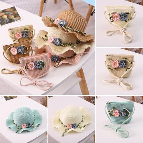 Parent-child Summer 2020 New Straw Hat 2-6Y Female Baby Girls Hat Matching Bag Sun Hat Shade Flower Travel vacation Beach Hat