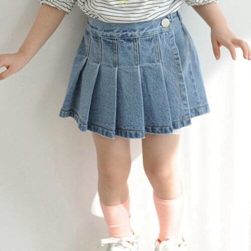 2021 Summer New Girls Sweet Denim Pleated Skirt Fake Two-piece Skirt Pants Children Korean Skirt