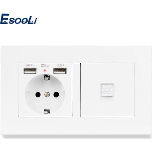 ESOOLI PC Plastic Panel EU Standard Socket with 2 USB Charge Port +1 Gang RJ11 2 Core Telephone Connector Outlet with USB