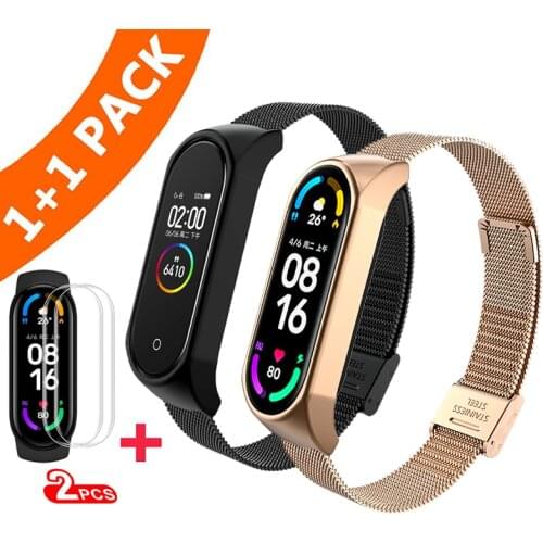 2in1/pack Strap for Mi Band 5 6 Metal Bracelet Wristband Stainless Steel for Xiaomi MiBand Mi Band 5 6 4 screen protector
