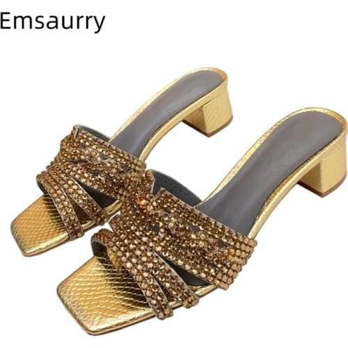 Genuine Leather Multicolor Summer Sandals Women Square Open Toe Slingbacks Thick Heel Rhinestone Mules For Girls