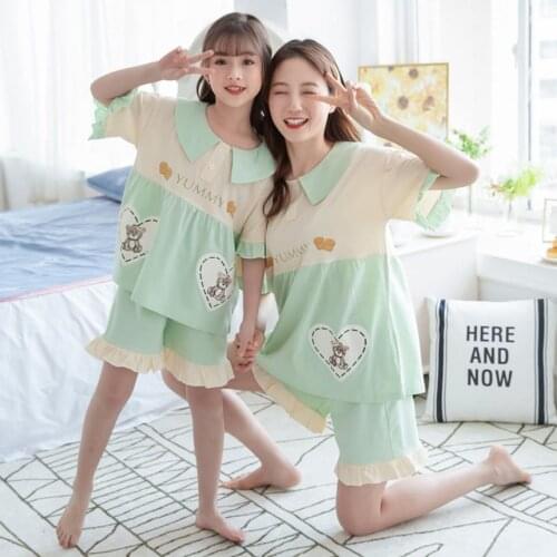 Family Matching Clothing Mother Daughter Pajamas Sets Cotton Print Short Sleeve Parent-Child Outfit Girls Sleepwear Pyjamas A263