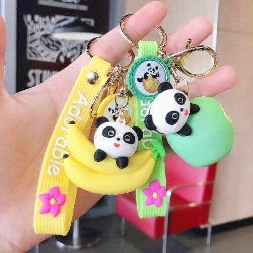 Women Backpack Car Pendant Resin Key Chains Cute Strawberry Watermelon Fruit Panda Keychain Cartoon Panda Doll Keyring Couple