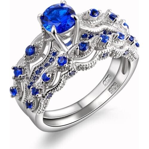 European And American Fashion Ladies Round Sapphire Wedding Engagement Two-piece Ring Romantic Luxury Jewelry Gift Free Shipping
