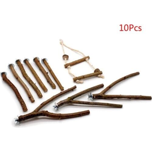 10Pcs Parrot Stand Rod Natural Wood Fork Perch Hanging Swing Pet Chewing Toys
