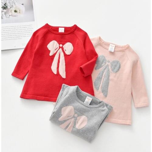 2021 Autumn and Winter New Girls Sweater Dress Toddler Girl Cute Cotton Bowknot Baby Dress Wool Knitted Vestido Infantil 2-6Y