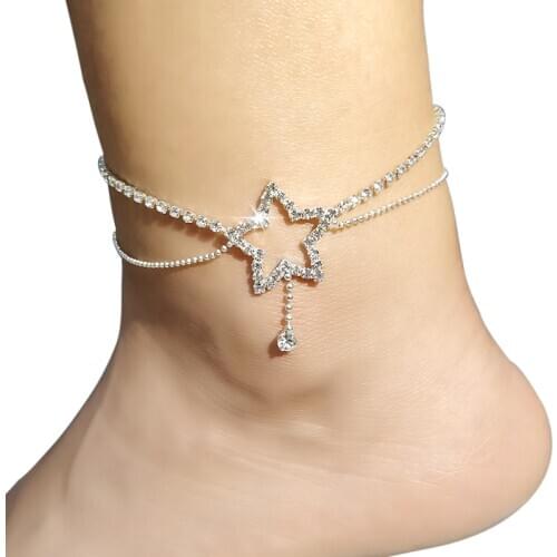 Heart Ankle Bracelet Rhinestone Pentagram Anklet Leg Bracelet Silver Color Barefoot Sandal Beach Accessories For women jewelry