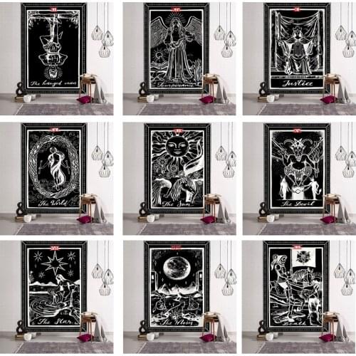 Black And White Tarot Tapestry Wall Hanging Bohemian Hippie TAPIZ Witchcraft Psychedelic Bedroom Room Home Decor