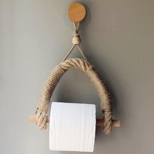 Hemp Rope Rolled Toilet Paper Holder Wood Bathroom Storage Paper Hand Towel Dispenser Toilet Tissue Paper Rack Punch Free