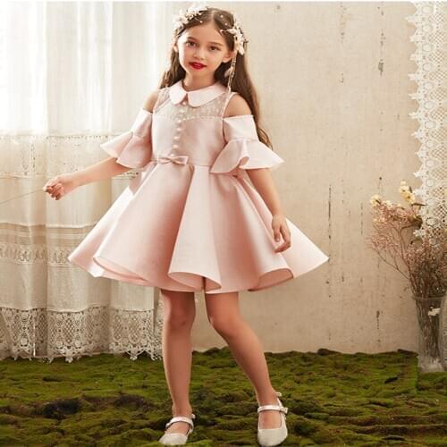 Flower Girl Dress Off The Shoulder O-Neck Short Princess Knee-Length Tulle Embroidery Pearls Pleat Pink Lace Kid Party Gown H179