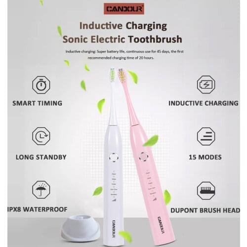 CANDOUR CD5166 Electric Toothbrush USB Charge Rechargeable Sonic Tooth brush For Adult Replacement Brush Head with 16 Brush Head