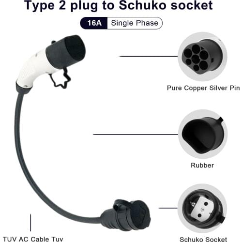 EV Adaptor For Electric Vehicle Charging Cable Type 2 IEC 62196 To Schuko Plug Charger Adapter