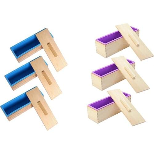 3 Pieces Soap Mold, with Lid, Wooden Box,Rectangular Silicone Soap Making Mold Kit, DIY Soap Making Tool